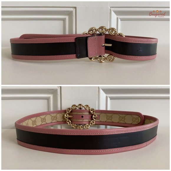 Authentic Gucci Pink Monogram Canvas Leather Gold Chain Buckle Belt Size 80/32 - Picture 6 of 14